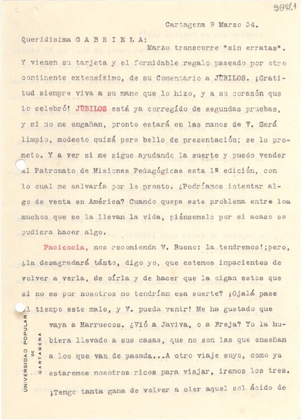 [Carta] 1934 mar. 9, Cartagena [España] [a] Gabriela Mistral