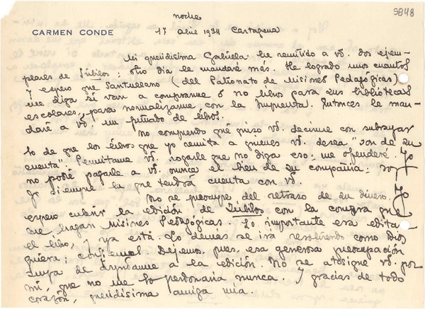 [Carta] 1934 abr. 17, Cartagena [España] [a] Gabriela Mistral