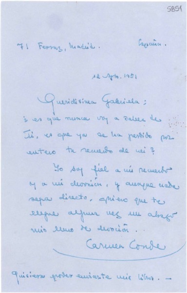 [Carta] 1951 ago. 12, Madrid, España [a] Gabriela Mistral