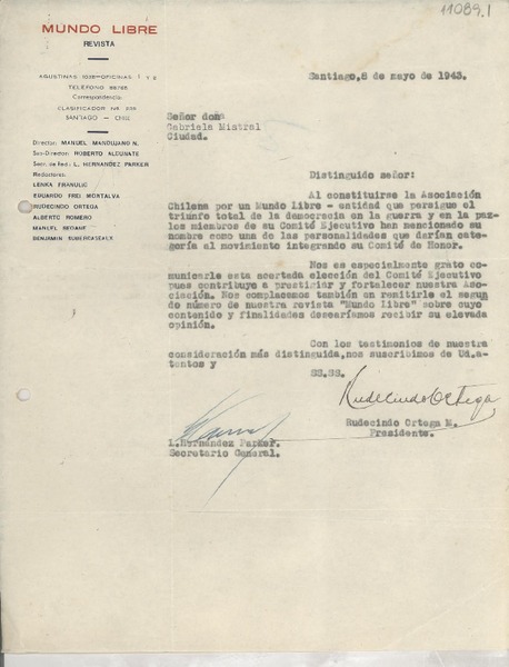[Carta] 1943 mayo 8, Santiago, [Chile] [a] Gabriela Mistral
