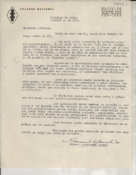 [Carta] 1944 oct. 31, Santiago, [Chile] [a] Gabriela [Mistral]