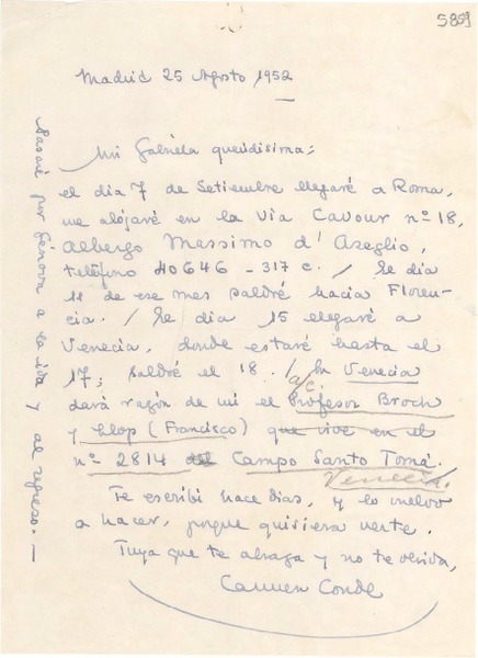 [Carta] 1952 ago. 25, Madrid [a] Gabriela Mistral