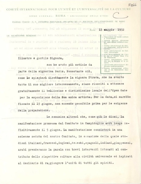 [Carta] 1952 magg. 13, Roma, [Italia] [a] Gabriela Mistral, Napoli