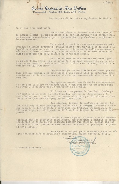 [Carta] 1949 sept. 26, Santiago, [Chile] [a] Gabriela Mistral
