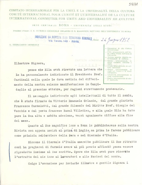 [Carta] 1952 giugno 24, Roma, [Italia] [a] Gabriela Mistral, Napoli