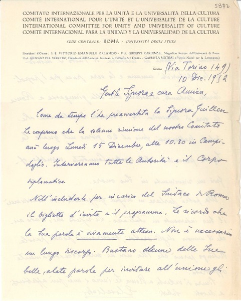 [Carta] 1952 dic. 10, Roma, [Italia] [a] Gabriela Mistral