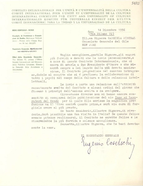 [Carta] 1956 dic. 14, Roma, [Italia] [a] Gabriela Mistral, New Jork [i.e. York], [EE.UU.]