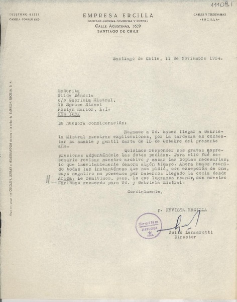 [Carta] 1954 nov. 11, Santiago, [Chile] [a] Gilda Péndola, Roslyn Harbor, New York, [EE.UU.]
