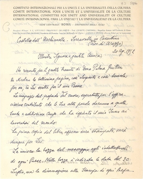 [Carta] 1952 ag. 20, Serravalle in Casentino, Arezzo, [Italia] [a] [Gabriela Mistral]