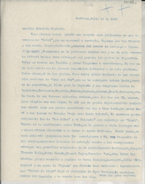 [Carta] 1943 jul. 14, Santiago, [Chile] [a] Gabriela Mistral