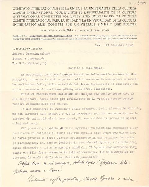 [Carta] 1952 dic. 21, Roma, [Italia] [a] [Gabriela Mistral]