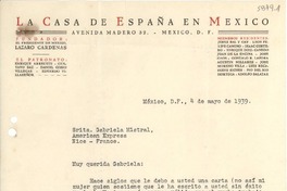 [Carta] 1939 mayo 4, México D.F. [a] Gabriela Mistral, Nice, France