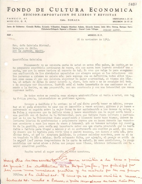 [Carta] 1943 nov. 26, México D.F. [a] Gabriela Mistral, Rio de Janeiro, Brasil