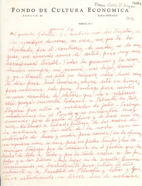 [Carta] [1946] jun. 20, [México D.F.] [a] Gabriela [Mistral]
