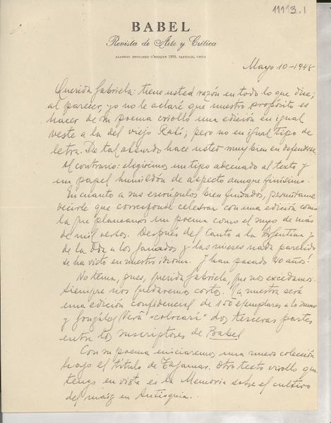 [Carta] 1948 mayo 10, [Santiago, Chile] [a] Gabriela [Mistral]