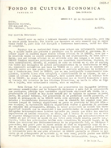 [Carta] 1947 dic. 10, México D.F. [a] Gabriela Mistral, Santa Bárbara, California, [EE.UU.]