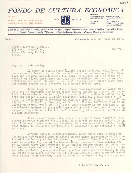 [Carta] 1948 jul. 1, México D.F. [a] Gabriela Mistral, Santa Bárbara, California
