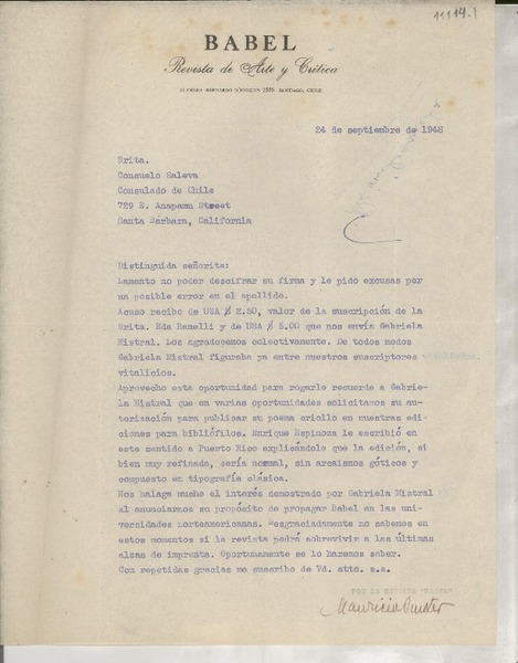 [Carta] 1948 sept. 24, [Santiago, Chile] [a] Consuelo Saleva