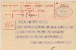 [Telegrama] 1945 nov. 16, New York, [EE.UU.] [a] Gabrila [i.e. Gabriela] Mistral, Rio, [Brasil]