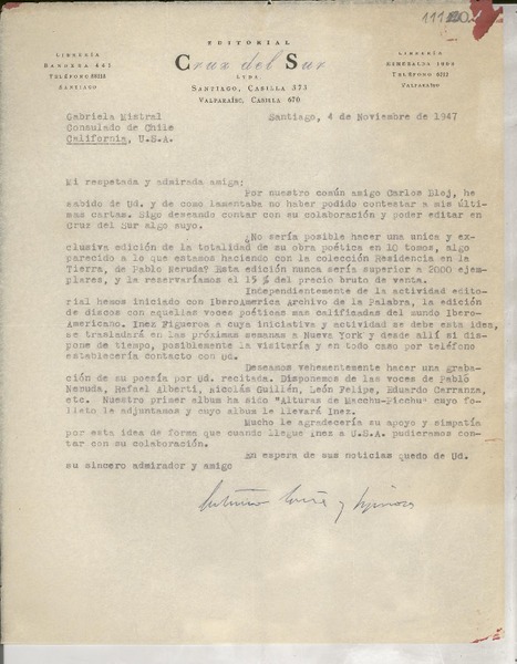 [Carta] 1947 nov. 4, Santiago, [Chile] [a] Gabriela Mistral, Consulado de Chile, California, [EE.UU.]