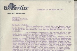 [Carta] 1945 ene. 17, Santiago, [Chile] [a] Gabriela Mistral, Petrópolis, [Brasil]