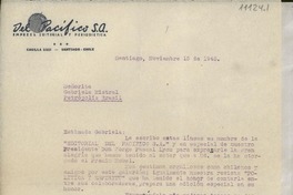 [Carta] 1945 nov. 15, Santiago, [Chile] [a] Gabriela Mistral, Petrópolis, Brasil