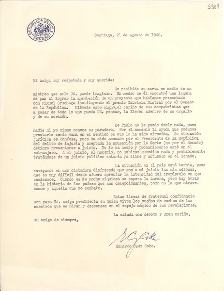 [Carta] 1948 ago. 21, Santiago, [Chile] [a] Gabriela Mistral