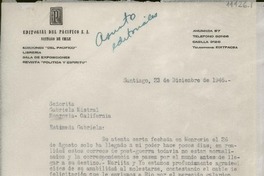 [Carta] 1946 dic. 23, Santiago, Chile [a] Gabriela Mistral, Monrovia, California, [EE.UU.]