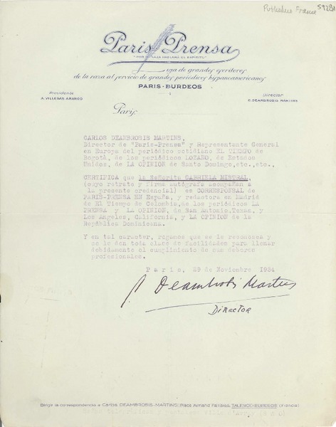 [Carta] 1934 nov. 29, Paris, [Francia] [a] Gabriela Mistral, Palma Guillén [de Nicolau]