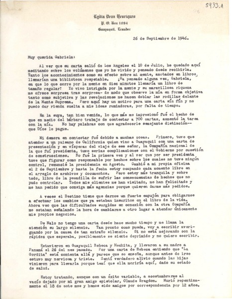[Carta] 1946 sept. 26, Guayaquil, [Ecuador] [a] Gabriela [Mistral]