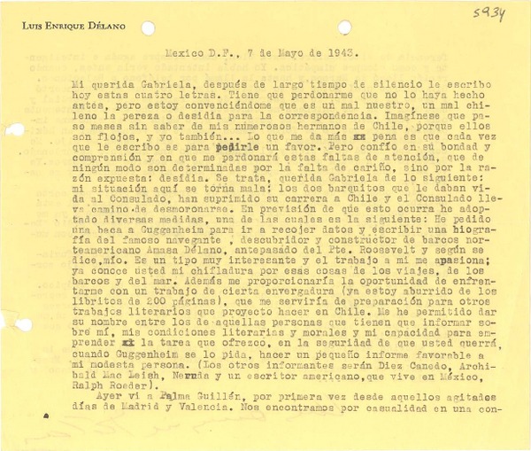 [Carta] 1943 mayo 7, México D.F. [a] Gabriela [Mistral]