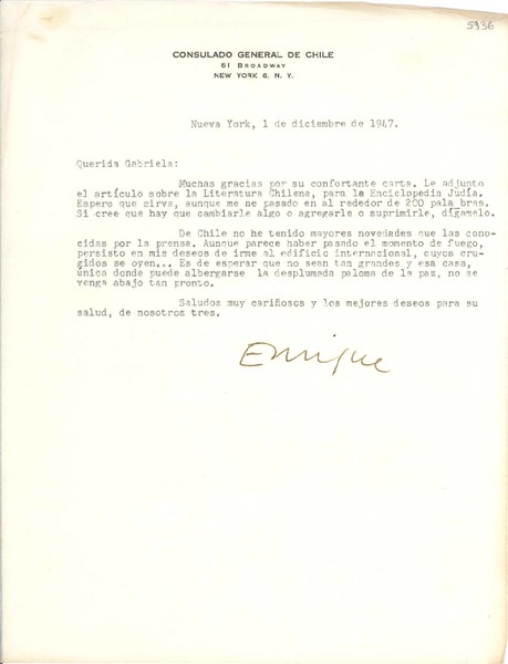 [Carta] 1947 dic. 1, New York [a] Gabriela Mistral