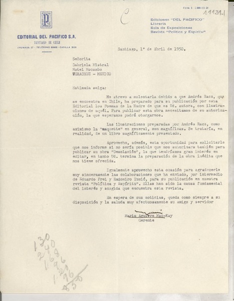[Carta] 1950 abr. 1, Santiago, [Chile] [a] Gabriela Mistral, Hotel Mocambo, Veracruz, México