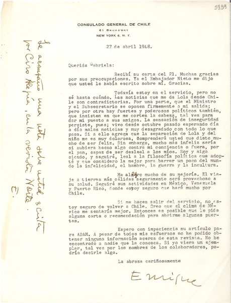 [Carta] 1948 abr. 27, New York [a] Gabriela Mistral