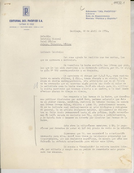 [Carta] 1950 abr. 28, Santiago, [Chile] [a] Gabriela Mistral, Hotel México, Jalapa, Veracruz, México