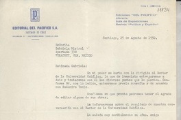 [Carta] 1950 ago. 25, Santiago, [Chile] [a] Gabriela Mistral, Veracruz, México