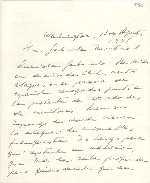 [Carta] 1946 ago. 13, Washington, [EE.UU.] [a] Gabriela Mistral