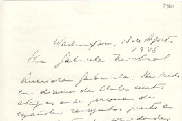 [Carta] 1946 ago. 13, Washington, [EE.UU.] [a] Gabriela Mistral