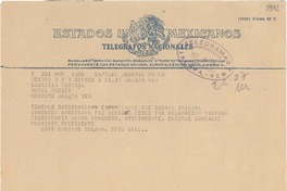 [Telegrama] 1949 sept. 7, México D. F. [a] Gabriela Mistral, Jalapa