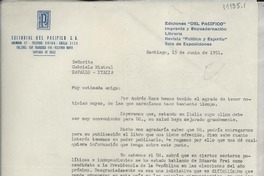 [Carta] 1951 jun. 15, Santiago, [Chile] [a] Gabriela Mistral, Rapallo, Italia