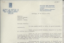 [Carta] 1951 jul. 25, Santiago, [Chile] [a] Gabriela Mistral, Rapallo, Italia