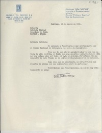 [Carta] 1951 ago. 13, Santiago, [Chile] [a] Gabriela Mistral, Consulado de Chile, Nápoles, Italia
