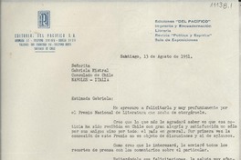 [Carta] 1951 ago. 13, Santiago, [Chile] [a] Gabriela Mistral, Consulado de Chile, Nápoles, Italia