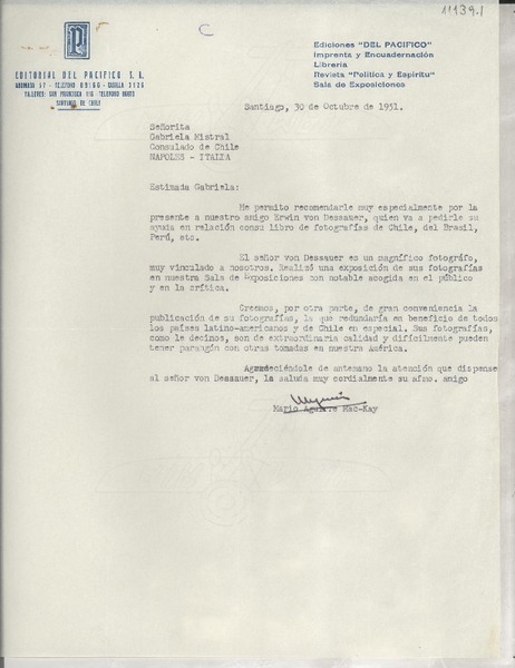 [Carta] 1951 oct. 30, Santiago, [Chile] [a] Gabriela Mistral, Consulado de Chile, Nápoles, Italia