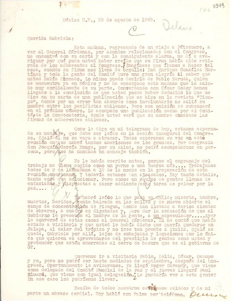 [Carta] 1949 ago. 28, México D. F. [a] Gabriela Mistral