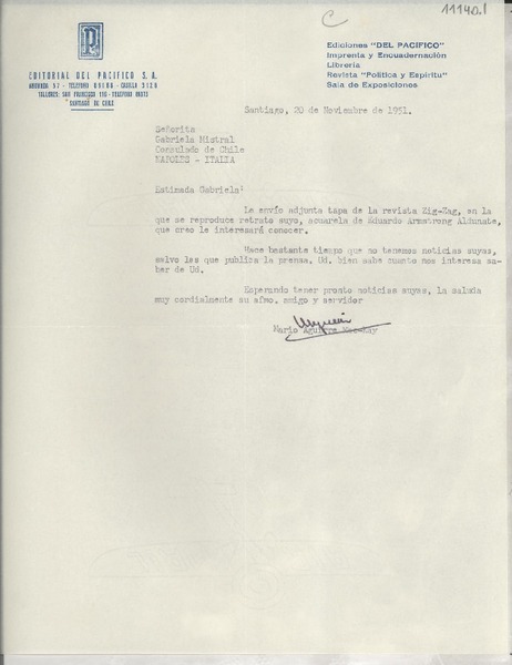 [Carta] 1951 nov. 20, Santiago, [Chile] [a] Gabriela Mistral, Consulado de Chile, Nápoles, Italia