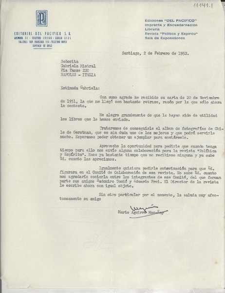 [Carta] 1952 feb. 2, Santiago, [Chile] [a] Gabriela Mistral, Nápoles, Italia