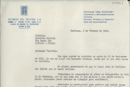 [Carta] 1952 feb. 2, Santiago, [Chile] [a] Gabriela Mistral, Nápoles, Italia