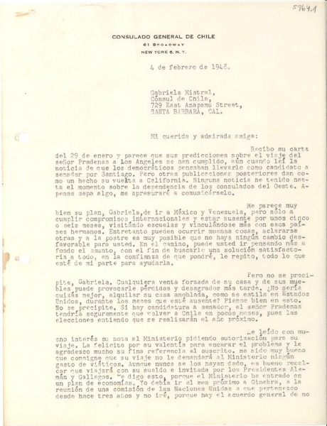 [Carta] 1948 feb. 4, New York, [Estados Unidos] [a] Gabriela Mistral, Santa Bárbara, Cal[ifornia], [Estados Unidos]
