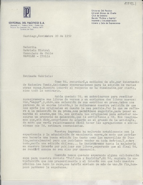 [Carta] 1952 nov. 20, Santiago, [Chile] [a] Gabriela Mistral, Consulado de Chile, Nápoles, Italia